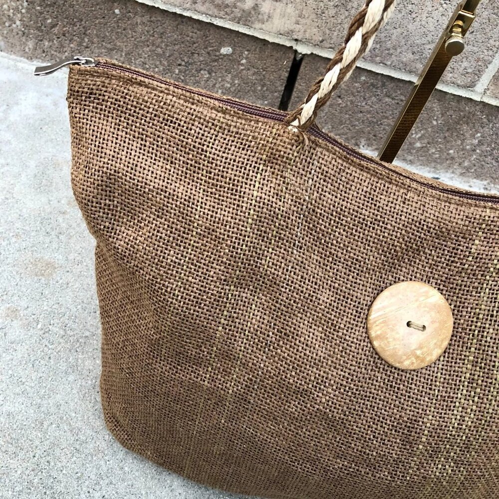 Oversized Raffia Burlap Purse Shoulder Hand Bag Women's Brown Zipper Jute - Picture 5 of 13